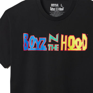 Black t-shirt with 'Boyz N The Hood' colorful text design on a white background